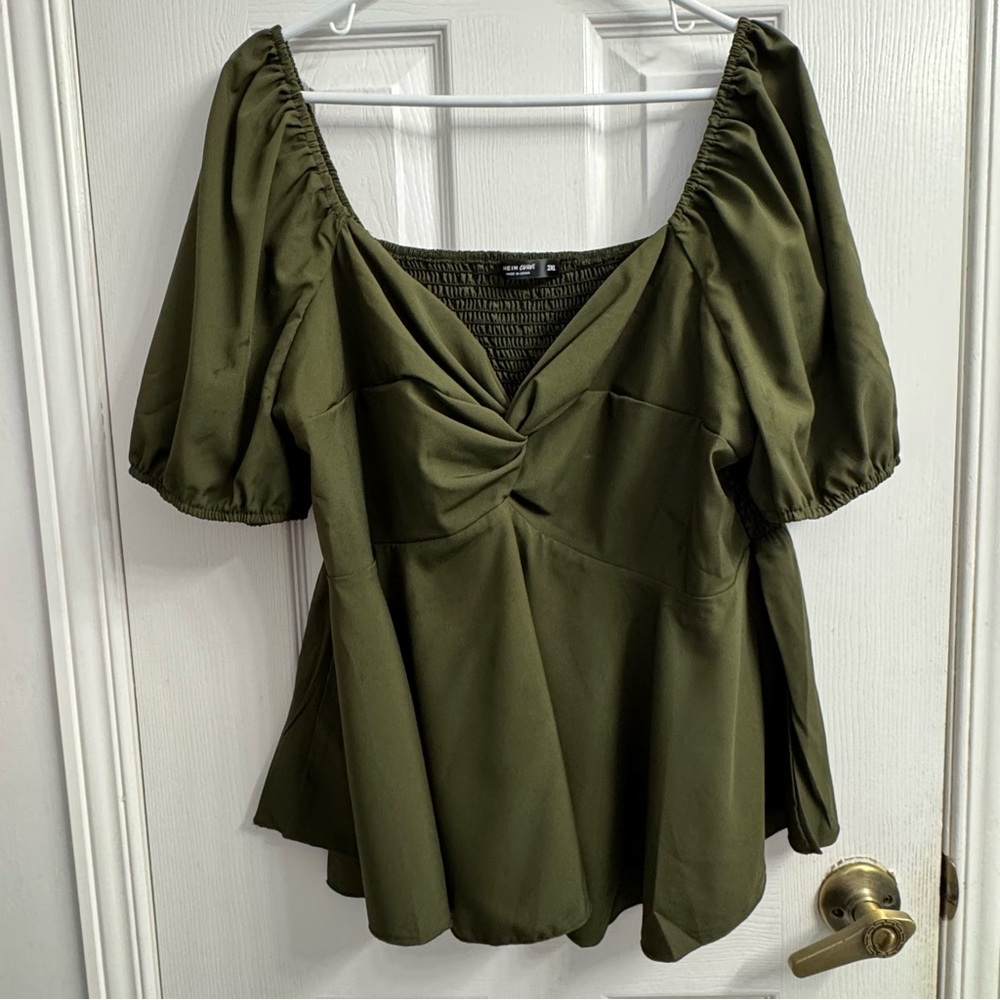 SHEIN Olive Green Puff Sleeve Blouse 2XL Quiet Luxury Coquette Boho Chic Top